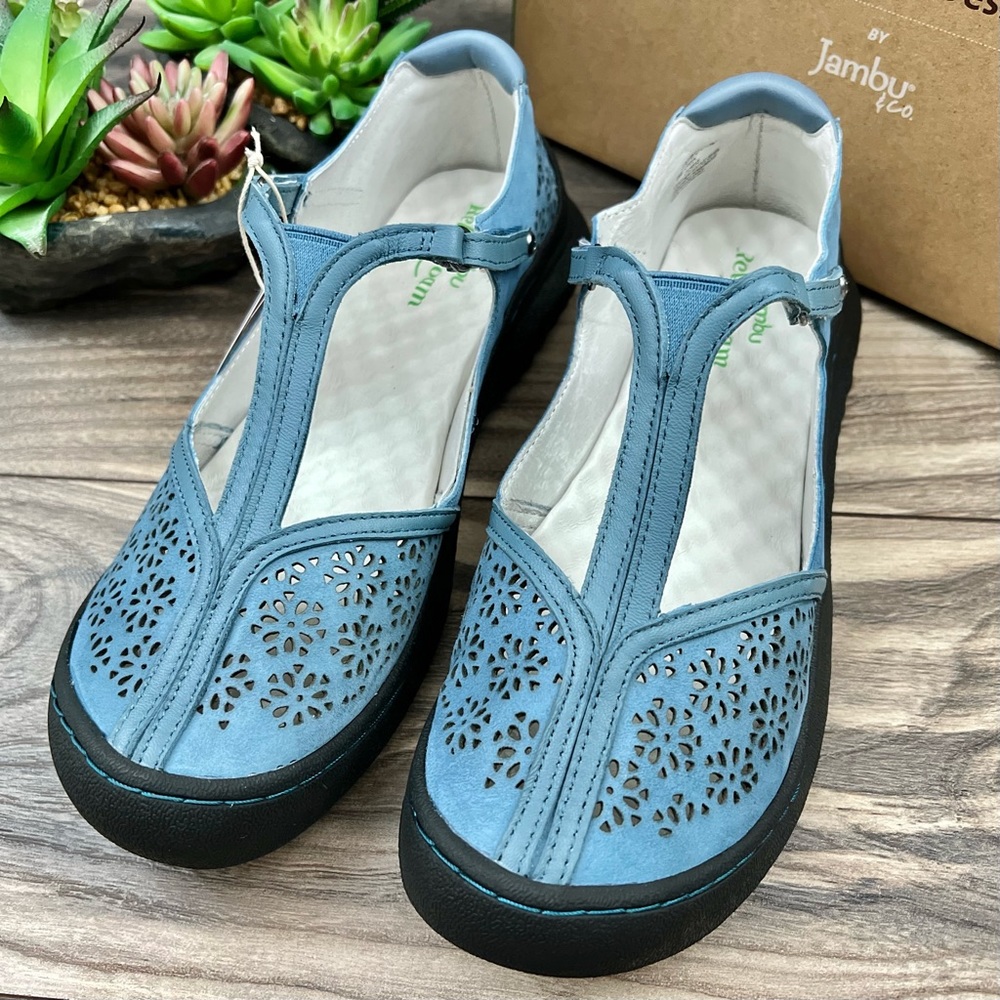 NIB Jambu 8W WIDE Creek T-Strap Leather Mary Jane Comfort Shoes Flats Denim - Picture 3 of 12